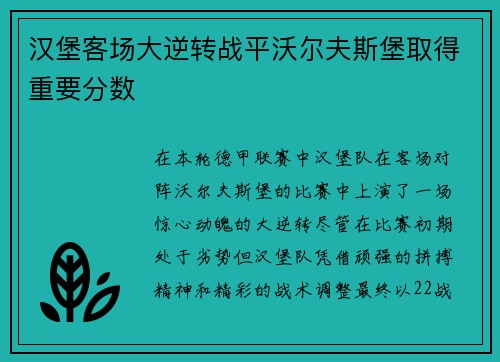 汉堡客场大逆转战平沃尔夫斯堡取得重要分数