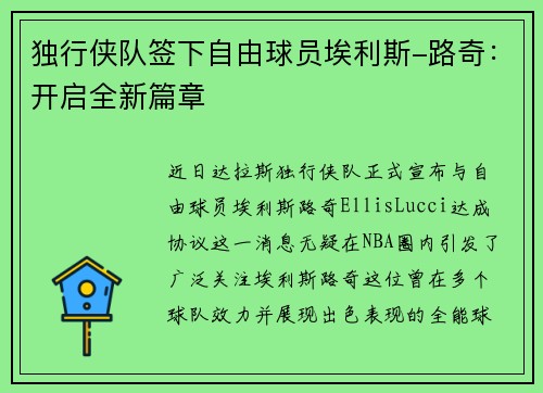 独行侠队签下自由球员埃利斯-路奇：开启全新篇章